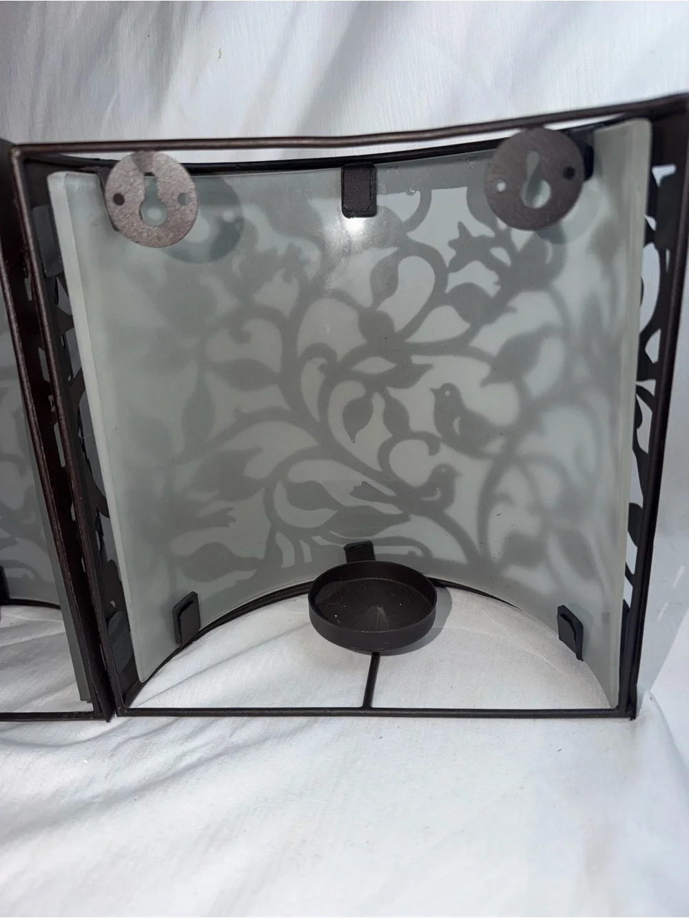 Set of 2 Bird & Branch Metal Wall Candle Sconces with Frosted Glass